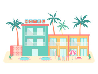 Tropical resort hotel vector illustration. Retro summer building with balconies, pool, palm trees, sunbeds, parasol isolated on white background. Flat cartoon scene for beach vacation, tourism design