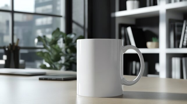Coffee mug mockup with personalized design on a clean office desk