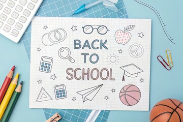 Back to School Flat Lay with Doodle Style Icons: Calculator, Apple, Airplane, Basketball, and School Supplies on Blue Tiled Surface.