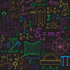 Multicolored math vector seamless pattern with handwritten physics and mathematical formulas, equations and figures