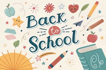 Whimsical Back to School Illustration with Playful Icons, Including Apples, Pencils, Stars, and Books, Forming a Cheerful and Engaging Design for Educational Themes.