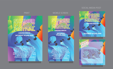 Summer Festival Vibes. Abstract Color Wave for Social and Print. fluid design template multiple platform for print, mobile screen and social media post vector illustration