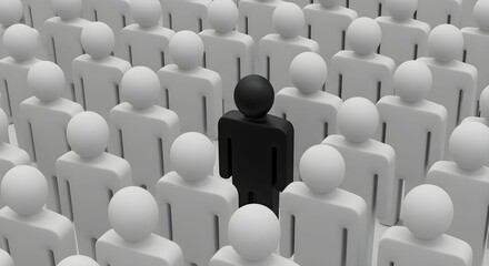 Fototapeta premium A large group of identical white human-shaped figures is standing close together. In the center of the crowd, one figure of a different color stands out prominently.