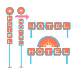 Retro hotel signs vector illustration set. Vintage neon signage with arrow, sun symbol and bold letters isolated on white background. Mid-century style direction signboard for vacation, travel design