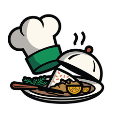 vector icons cooking food chef hat include a pizza slice, a sushi roll, spaghetti and meatballs, a curry bowl burger , fish 
