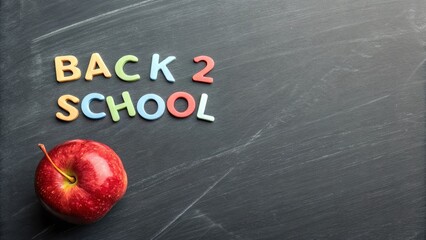Colorful "Back 2 School" Letters and a Fresh Red Apple on a Dark Gray Slate Background Creating a School-Themed Composition.
