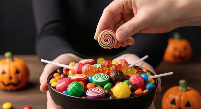 Halloween candy bowl trick or treat sweets lollipops pumpkins