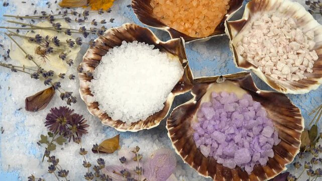 Sea shells from scallops, filling with different aromatic relaxing herbal sea bath salt, various dried plants are on a blue background, top view 