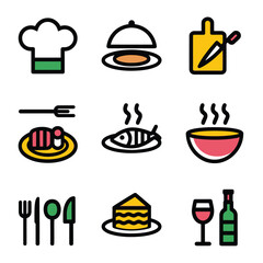 vector icons cooking food chef hat include a pizza slice, a sushi roll, spaghetti and meatballs, a curry bowl burger , fish 

