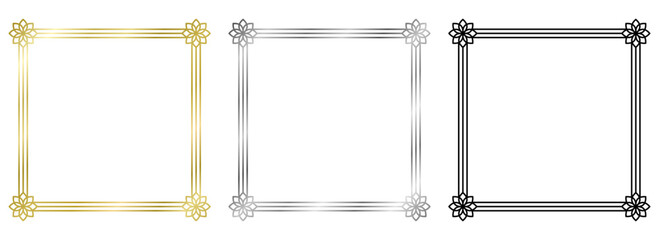 Set of golden, silver, black frames with flowers isolated on white. Vector square frame. Frame for text, certificate, pictures, postcard. Element for design. Gold, metal