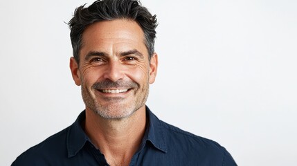 Middle-Aged Man in Dark Blue Shirt Smiling on White Background