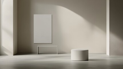 Empty room with a blank canvas, bench, and ottoman.