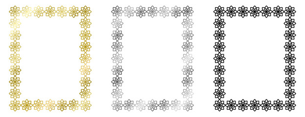 Set of golden, silver, black frames with flowers isolated on white. Vector square frame. Frame for text, certificate, pictures, postcard. Element for design. Gold, metal