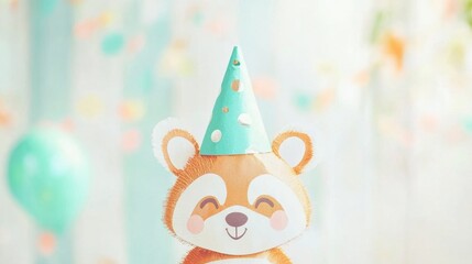Naklejka premium Celebrating with a cute raccoon party hat decoration in a colorful setting