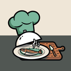 vector icons cooking food chef hat include a pizza slice, a sushi roll, spaghetti and meatballs, a curry bowl burger , fish 

