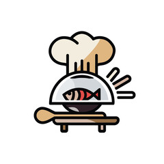 vector icons cooking food chef hat include a pizza slice, a sushi roll, spaghetti and meatballs, a curry bowl burger , fish 
