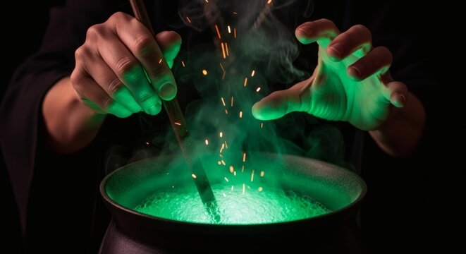 Witch cauldron halloween potion magic spell green smoke dark