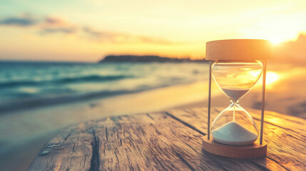 Sand timer on wooden table at beach during sunset with ocean waves
