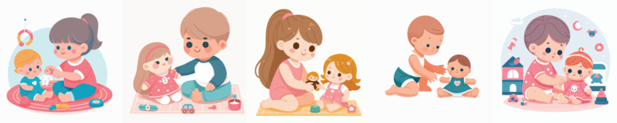 Vector of a baby playing with a doll