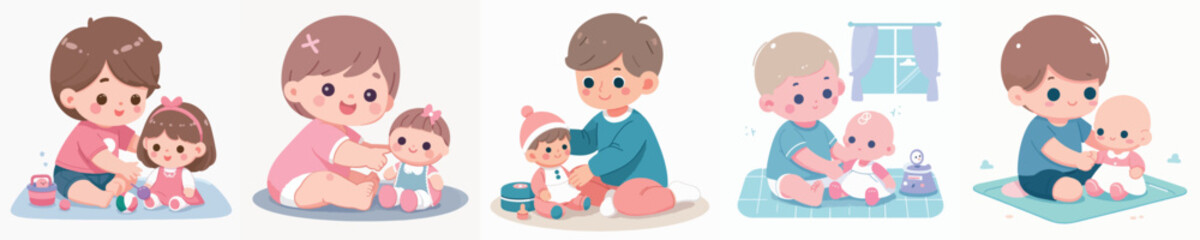Vector of a baby playing with a doll