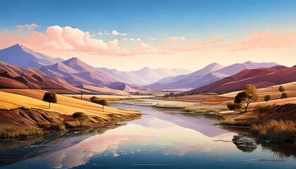 Minimalist nature river landscape with soft pastel colors