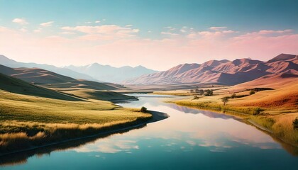 Minimalist nature river landscape with soft pastel colors