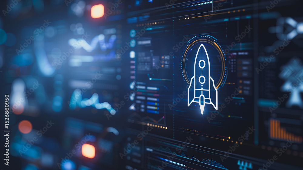 Wall mural futuristic launch interface: a captivating close-up of a high-tech, futuristic interface, where data
