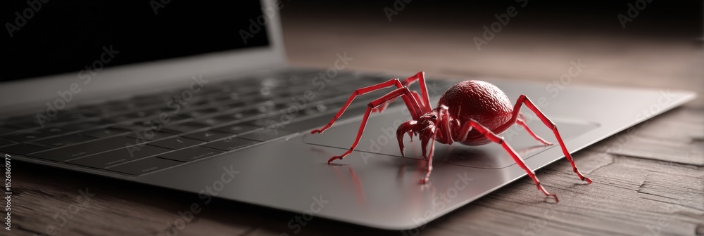 Poster 3D Malware Depicted as a Red Spider Crawling out of a Browser Window on a Laptop With an Empty Left Section
