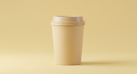 A minimalist studio shot of a beige paper coffee cup with a lid on a matching beige background