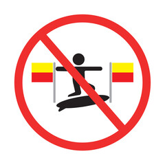 bold no surfing sign with red prohibition circle and black surfer icon between yellow red flags on white background