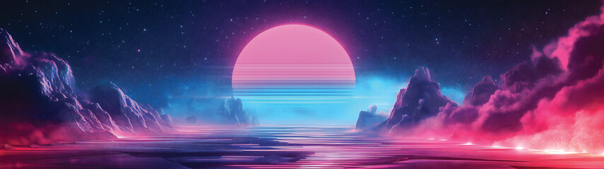 Vaporwave Sunset Landscape - Retro-Futuristic Aesthetic 
