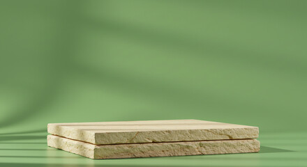 Stone podium on green background with shadow overlay for product presentation and display scene mockup
