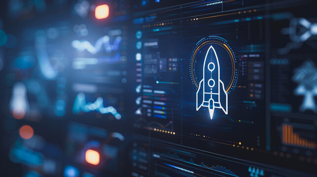 Futuristic rocket launch icon on a digital data interface