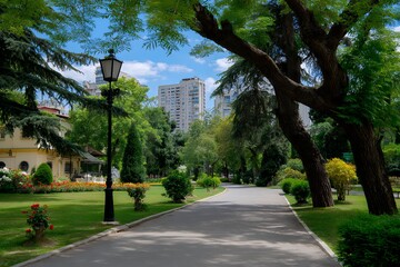 Obraz premium Urban park path with lush greenery and high-rise buildings in background