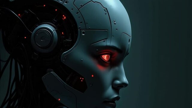 Cybernetic woman with glowing red eyes and intricate mechanical details, set against a dark background. Futuristic and intense