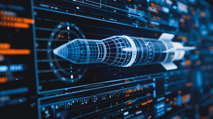 Precision Blueprint: A sleek, digital blueprint of a missile against a high-tech, data-rich interface. The design reveals the complexity of modern weaponry.
