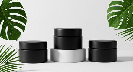 Three black cosmetic jars with monstera leaves against a white background studio shot display scene
