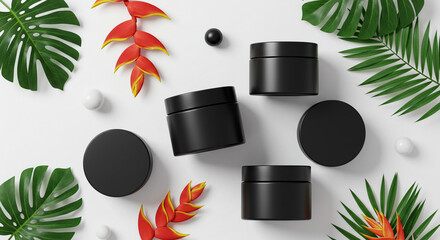 Flat lay of black cosmetic jars with tropical leaves and flowers on a white background studio shot