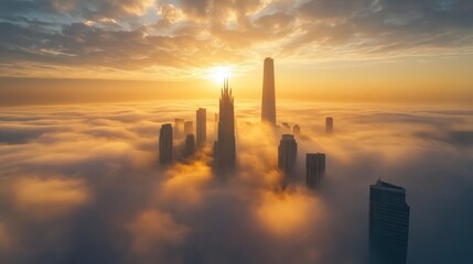 Aerial view of skyscrapers shrouded in dense fog at sunrise, with golden light softly illuminating the cityscape for a mysterious atmosphere.