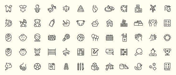 Child care set. Pregnancy, childbirth and baby care icon set. Newborn baby clothes, toys, diaper, breastfeeding, basinet, bottle, pacifier, etc. Cute baby face. Vector