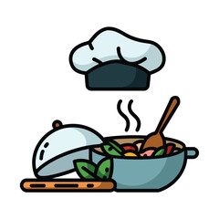 vector icons cooking food chef hat include a pizza slice, a sushi roll, spaghetti and meatballs, a curry bowl burger , fish 
