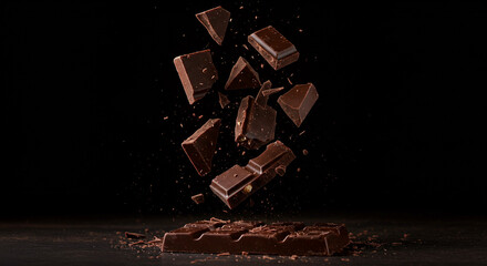 Chocolate bar with pieces falling and scattered on a dark surface against a black background