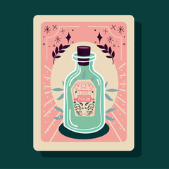 Illustration of a vintage glass bottle labeled "Love Poison," surrounded by decorative floral and magical elements, in pastel colors with a mystical, whimsical style.