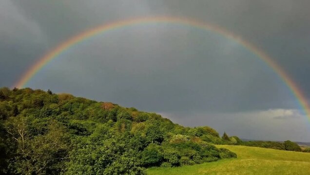Vibrant Rainbow Over Green Landscape Under Stormy Sky