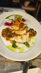 Grilled sea bream fillet with marsala served with chestnut and cream