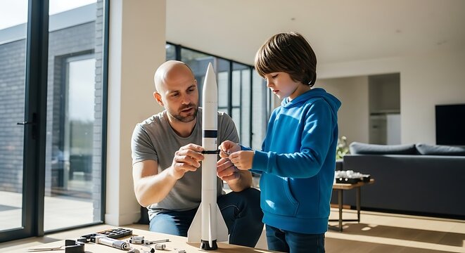 Focused Father & Son Building Model Rocket Together at Home on Sunny Day; Bonding, Learning, STEM Activity, Childhood Creativity, Modern Living Room, Educational, Hands-on Fun