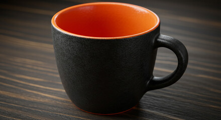 A black ceramic mug with an orange interior sitting on a dark wooden surface in soft lighting