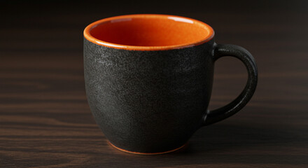A black textured mug with an orange interior sitting on a dark wooden surface in soft lighting