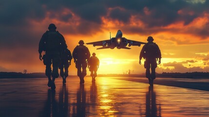 Silhouettes of soldiers walking on a wet runway at sunset, with a fighter jet taking off in the background. Military teamwork and aviation concept.