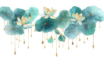 watercolor lotus flowers with golden veins, symmetrical hanging arrangement on white, peaceful Zen botanical design